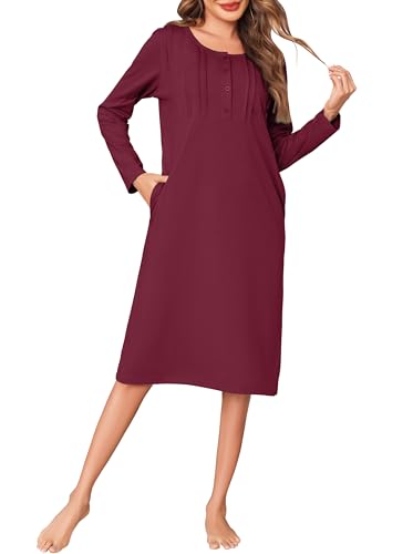 Wikoan Nachthemd Damen Nachtwäsche Langarm Schlafshirt Nachthemden Baumwolle Lang Schlafhemd Rundhals Knöpfe Stillnachthemd Winter Burgunderrot M von Wikoan