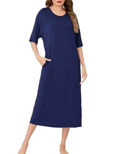 Wikoan Nachthemd Damen Sommer Schlafshirt Lang Rundhals Sleepshirt Kurzarm Weiche Nachtwäsche Hauskleid Große Größen mit Taschen Marineblau XL von Wikoan