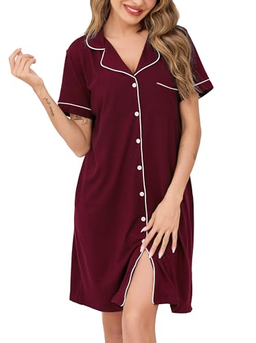 Wikoan Nachthemd Damen Weiche Baumwolle Nachthemden Klassisch V-Ausschnitt Nachthemd Knopfleiste Sleepshirt Kurz Schlafshirts mit Taschen Weinrot S von Wikoan