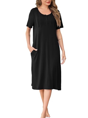 Wikoan Nachthemd Kurzarm Damen Nachthemden Lang Schlafshirt Knöpfe Rundhals Nachtwäsche Sommer Stillnachthemd Sleepshirt mit Taschen Schwarz M von Wikoan