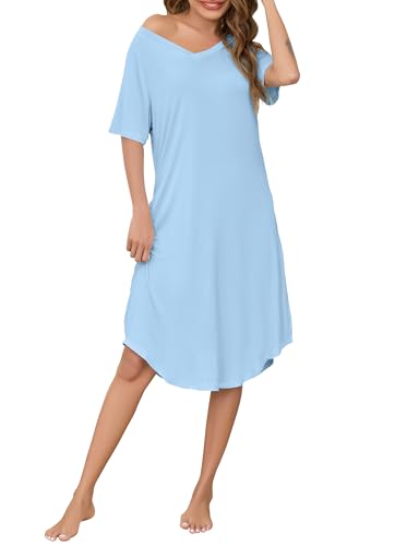 Wikoan Nachthemd Lang Damen Nachthemden Kurzarm mit V-Ausschnitt Schlafshirt Lang Sommer Stillnachthemd Nachtkleid Sleepshirt mit Taschen Hellblau S von Wikoan