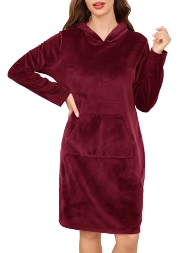 Wikoan Nachthemd Langarm Damen Nachthemden Frottee Schlafshirt Lang Winter Nachthemd Sleepshirt Nachtwäsche mit Kapuze und Taschen Burgunderrot XXL von Wikoan