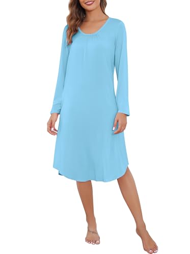 Wikoan Nachthemd Langarm Damen Schlafshirt Lang Nachthemden Schlafhemd Sleepshirt Nachtwäsche Hauskleid Damen Winter mit Seitentaschen Hellblau L von Wikoan