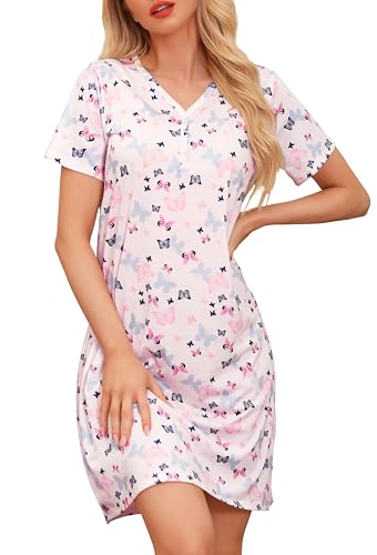 Wikoan Nachthemden für Damen Kurzarm Schlafhemd V-Ausschcnitt Weich Schlaf Tshirt Stillnachthemd Sleepshirt Schlafkleid mit Taschen Lila Schmetterling XXL von Wikoan