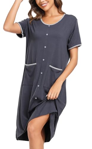 Wikoan Nachthemden für Damen Kurzarm Schlafshirt mit Dekor Knopfleiste Sommer Nachtkleid Schlafhemd Nachtwäsche mit Taschen Dunkelgraua L von Wikoan