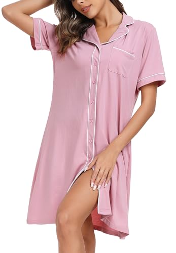 Wikoan Nachthemden für Damen Kurzarm Weich Nachthemd Baumwolle Schlafshirt Nachtkleid V-Ausschnitt Nachtwäsche Frauen Rosa L von Wikoan