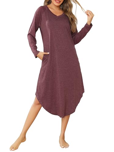 Wikoan Nachthemden für Damen Langarm Baumwolle Schlafkleid V-Ausschcnitt Weich Nachthemd Herbst Winter Stillnachthemd Lang Sleepshirt mit Taschen Burgunderrot XL von Wikoan