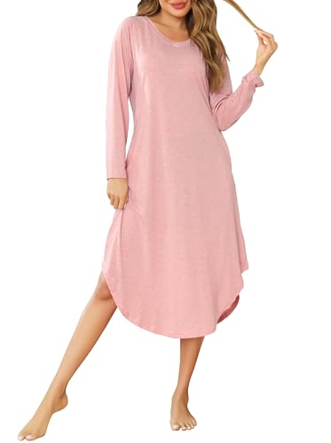 Wikoan Nachthemden für Damen Langarm Baumwolle Schlafkleid V-Ausschcnitt Weich Nachthemd Herbst Winter Stillnachthemd Lang Sleepshirt mit Taschen Hellrosa M von Wikoan