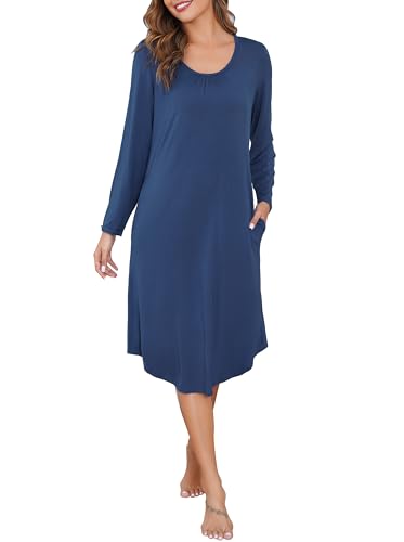 Wikoan Nachthemden für Damen Langarm Weich Nachthemd Lang Sleepshirt Nachtwäsche Schlafhemd Leicht Schlafshirt Hauskleid Damen Winter Kobaltblau L von Wikoan