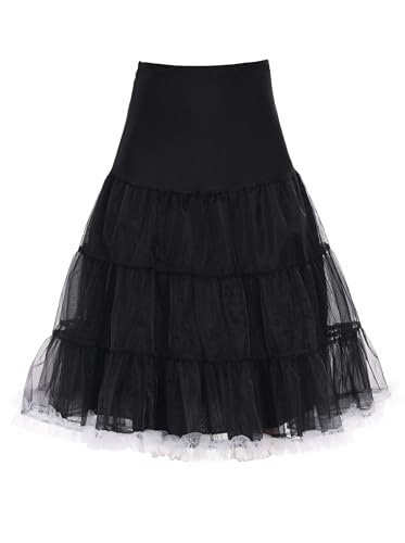 Wikoan Petticoat Reifrock Damen Kurz Rock Unterrock Unterröcke Pettycode Unterrock für 50er Vintage Cocktailkleid Schwarz mit Weißer Rüsche XL von Wikoan
