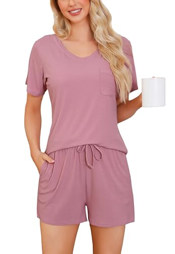 Wikoan Pyjama Damen Kurz Kuschelig Schlafanzug Zweiteiliger Pyjama Set V-Ausschnitt Lounge Set Sommer Nachtwäsche Bohne Rosa S von Wikoan