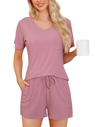 Wikoan Pyjama Damen Kurz Kuschelig Schlafanzug Zweiteiliger Pyjama Set V-Ausschnitt Lounge Set Sommer Nachtwäsche Bohne Rosa S von Wikoan