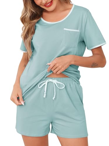 Wikoan Pyjama Damen Kurz Schlafanzug Baumwolle Sommer Zweiteiliger Nachtwäsche Damen Set Shorty Pyjama Kurzarm Hausanzug mit Taschen Hellgrün XL von Wikoan