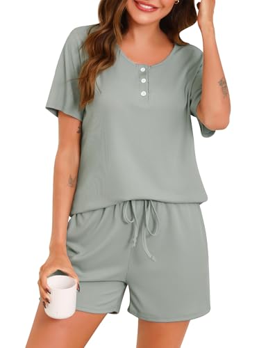 Wikoan Pyjama Damen Kurz Schlafanzug Frauen Zweiteiliger Pyjama Set Süßes V-Ausschnitt Lounge Set Sommer Schlafanzug Hellgrün XL von Wikoan