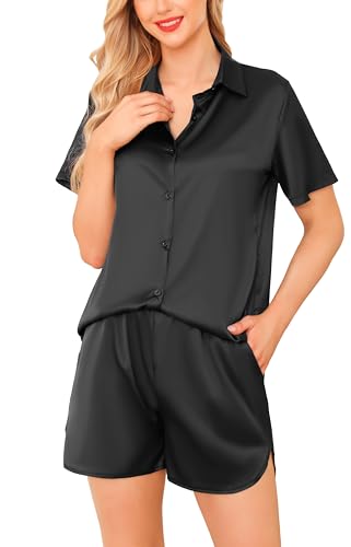 Wikoan Pyjama Damen Kurz Seide Schlafanzug Satin Kuschelig Loungewear Set Zweiteiliger Nachtwäsche Schlafanzüge und Pyjamas Schwarz M von Wikoan