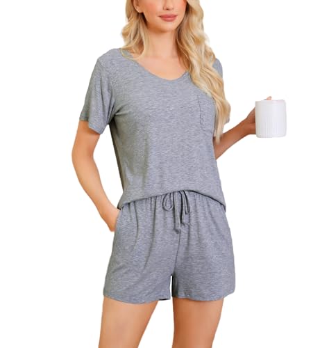 Wikoan Pyjama Damen Kurz Sexy Schlafanzug Zweiteiliger Pyjama Set V-Ausschnitt Lounge Set Sommer Schlafanzüge für Damen Hellgrau XL von Wikoan