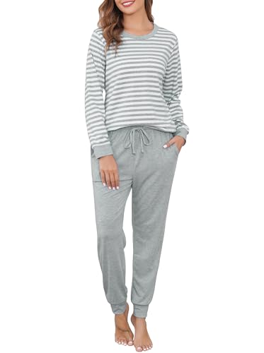 Wikoan Pyjama Damen Lang Baumwolle Schlafanzug Winter Nachtwäsche Zweiteiliger Hausanzug Gestreift Pyjama Set mit Bündchen Grau XXL Wikoan Pyjama Damen Lang Baumwolle Schlafanzug Winter Nachtwäsche Zweiteiliger Hausanzug Gestreift Pyjama Set mit Bündchen Grau XXL von Wikoan