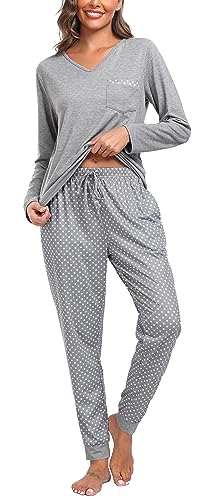 Wikoan Pyjama Damen Lang Kuschelig Zweiteiliger Loungewear Set Langarm Pyjama Set V-Ausschnitt Lounge Set Winter Nachtwäsche Set Grau M von Wikoan