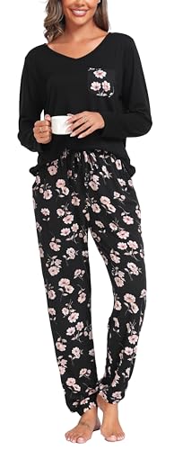 Wikoan Pyjama Damen Lang Schlafanzug Winter Zweiteiler Lounge Set Langarm Loungewear Set Matching Pyjamas A-Schwarz/Blume Hosen XL Wikoan Pyjama Damen Lang Schlafanzug Winter Zweiteiler Lounge Set Langarm Loungewear Set Matching Pyjamas A-Schwarz/Blume Hosen XL von Wikoan