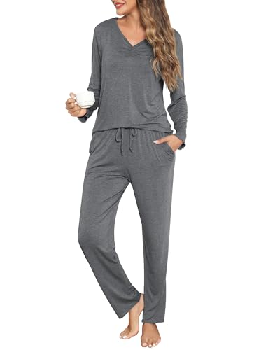 Wikoan Pyjama Damen Lang Zweiteiler Warmer Schlafanzug Damen Winter Pyjama Set Langarm Einfarbig Weich Nachtwäsche Set Grau M von Wikoan