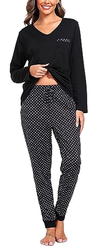 Wikoan Pyjama Damen Lang Zweiteiliger Schlafanzug Set V-Ausschnitt Langarm Pyjama Set Winter Matching Nachtwäsche Lounge Set Schwarz S von Wikoan