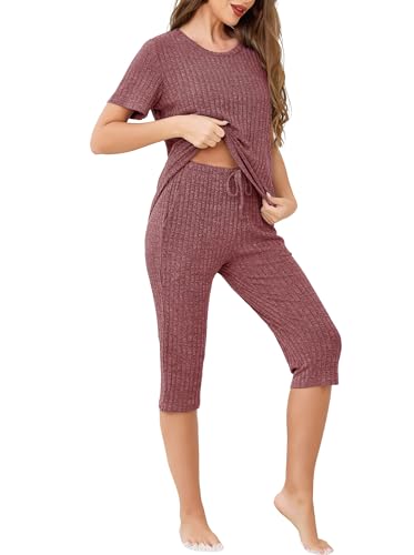 Wikoan Pyjama Damen Schlafanzug 3/4 Rippenstrick Pyjama Set Shorty Nachtwäsche O-Ausschnitt Loungewear Freizeitanzug für Sommer Burgunderrot S von Wikoan
