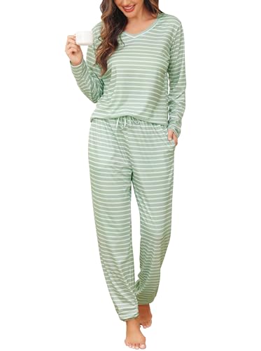Wikoan Pyjama Damen Schlafanzug Baumwolle Lang V-Ausschnitt Gestreift Pyjama Langarm Nachtwäsche für Frauen Set Winter mit Bündchen Graugrün Weiß XL von Wikoan