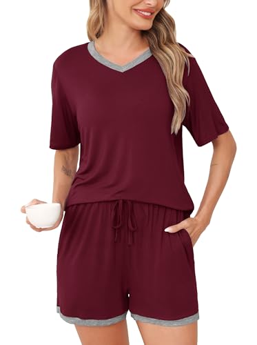 Wikoan Pyjama Damen Schlafanzug Kurz Pyjama Sommer Nachtwäsche Set Frauen Zweiteiliger V Aussschnitt Schlafanzüge Sleepwear mit Kordelzug Burgunderrot L von Wikoan