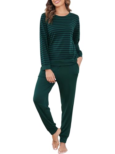 Wikoan Pyjama Damen Schlafanzug Lang Pyjama Baumwolle Langarm Pyjama Set Zweiteiler Winter Schlafanzüge für Damen mit Bündchen Dunkelgrün M von Wikoan