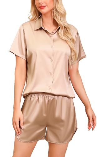 Wikoan Pyjama Damen Set Kurz Kuschelig Zweiteiliger Pyjama Set mit Knöpfe Loungewear Set Sommer Schlafanzug Kurzarm Champagner XL von Wikoan