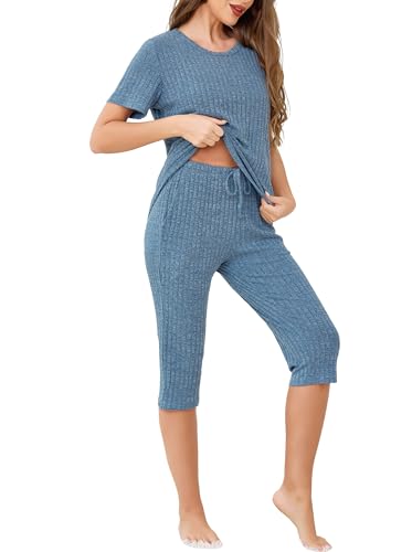 Wikoan Pyjama Damen Sommer Shorty Pyjama Kurzarm und Caprihose Nachtwäsche Frauen Pjs Sets Loungewear Freizeitanzug mit Taschen Kobaltblau M von Wikoan
