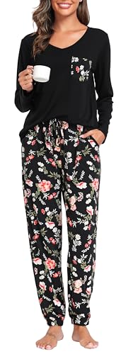 Wikoan Pyjama Damen Winter Lang Schlafanzug Warmer Zweiteiler Pyjama Set Kuschel Lounge Set Langarm Loungwear B-Schwarz/Blume Hosen S von Wikoan