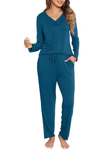 Wikoan Pyjama Damen Winter Schlafanzug Lang Warm Schlafanzüge Für Damen Langarm Nachtwäsche Weich V-Ausschnitt Pyjama Set Dunkelblau S von Wikoan