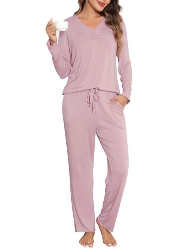 Wikoan Pyjama Damen Zweiteiler Winter Pyjama Warmer Schlafanzug Damen Lang Pyjama Set Langarm Einfarbig Weich Nachtwäsche Dunkles Rosa XXL von Wikoan