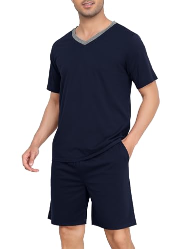 Wikoan Pyjama Herren Schlafanzug Kurz Baumwolle Nachtwäsche Sommer Zweiteiliger Pyjama Set für Männer Schlafanzüge mit Taschen Marineblau S von Wikoan