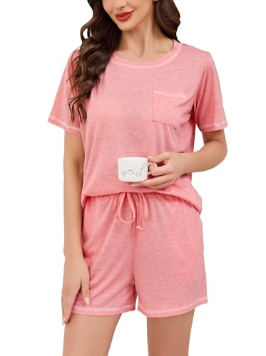 Wikoan Pyjama Kurz Damen Schlafanzug Baumwolle Weicher Sommer Nachtwäsche Pyjama Set Frauen Zweiteiliger Schlafanzüge Sleepwear mit Taschen Rosa XL von Wikoan