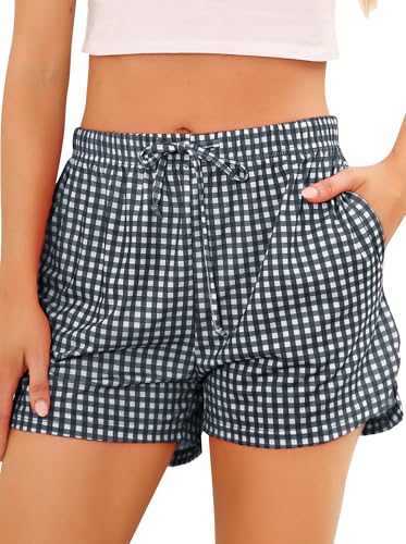 Wikoan Pyjamahose Damen Kurz Schlafanzughose Freizeithose Karierte Schlafhose Schlafshorts Sommer mit Taschen und Kordelzug Schwarz XXL von Wikoan