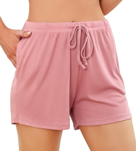 Wikoan Pyjamahose Damen Kurz Schlafshorts Sommer Schlafhose Freizeit Nachtwäsche Kurz Pyjama Shorts mit Taschen und Kordelzug Rosa M von Wikoan