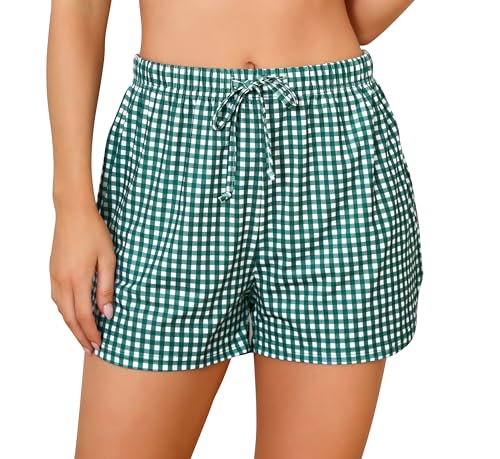Wikoan Pyjamahose Damen Kurz Schlafshorts Sommer Schlafhosen Kariert Baumwolle Hose Schlafshort Schlafhose Schlafanzughose Dunkelgrün L von Wikoan