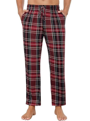 Wikoan Pyjamahose Herren Lang Karierte Hose Superweich Schlafanzughose Kariert Schlafhose mit Taschen Loungehose Freizeithose für Männer Weinrot XL von Wikoan