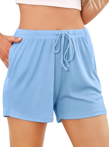 Wikoan Pyjamahose Kurz Damen Weiche Schlafanzughose Nachtwäsche Kurz Pyjama Shorts Schlafshorts mit Taschen und Kordelzug Hellblau M von Wikoan