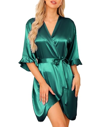 Wikoan Satin Morgenmantel Damen Sommer Bademantel Damen Kurz Kimono Robe mit Gürtel V-Ausschnitt Pajama Party Dunkelgrün S von Wikoan