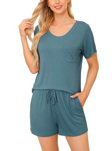 Wikoan Schlafanzüge Für Damen Kurz Pyjama Sommer Zweiteiliger Pyjama Set Kuschelig Schlafanzug V-Ausschnitt Lounge Set Dunkelgrün XXL von Wikoan
