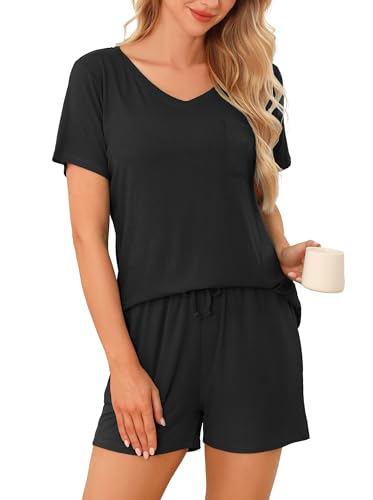 Wikoan Schlafanzüge Für Damen Pyjama Kurz Sommer Zweiteiliger Pyjama Set Kuschelig Schlafanzug V-Ausschnitt Lounge Set Schwarz XXL von Wikoan