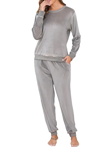 Wikoan Schlafanzug Damen Frottee Warm Pyjama Winter Schlafanzug Lang Zweiteiliger Pyjama Set Nachtwäsche mit Taschen Loungewear Grau XXL von Wikoan