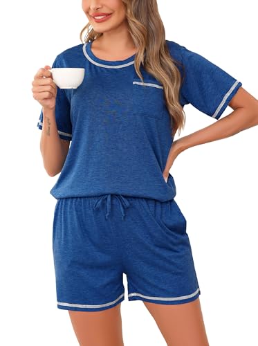 Wikoan Schlafanzug Damen Kurz Pyjama Baumwolle Pyjama Set Kurzarm Zweiteiliger Nachtwäsche Sommer mit Taschen Schlafanzüge Hausanzug Dunkelblau XXL von Wikoan