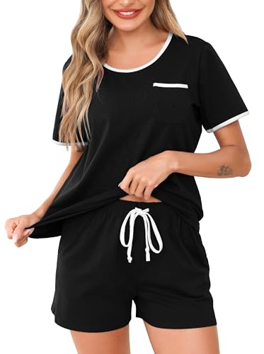 Wikoan Schlafanzug Damen Kurz Pyjama Baumwolle Sommer Nachtwäsche Set Zweiteiliger Kurzarm Pyjama Oberteil und Hose Schlafanzüge Schwarz S von Wikoan