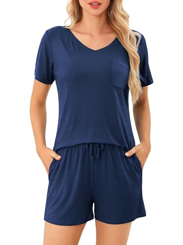 Wikoan Schlafanzug Damen Kurz Pyjama Set V-Ausschnitt Lounge Set Zweiteiliger Shorty Pyjama Sommer Damen Nachtwäsche Loungewear Marineblau XXL von Wikoan