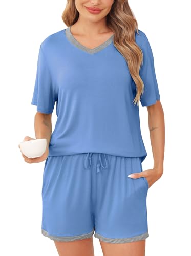 Wikoan Schlafanzug Damen Kurz Pyjama Sommer Zweiteiler V Aussschnitt Nachtwäsche Frauen Kurzarm Weich Shorty Schlafanzug mit Taschen Hellblau XXL von Wikoan