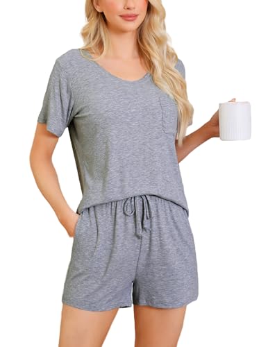 Wikoan Schlafanzug Damen Kurz Pyjama Zweiteiliger Lounge Set V-Ausschnitt Matching Pyjama Sommer Loungewear Schlafanzüge Hellgrau S von Wikoan